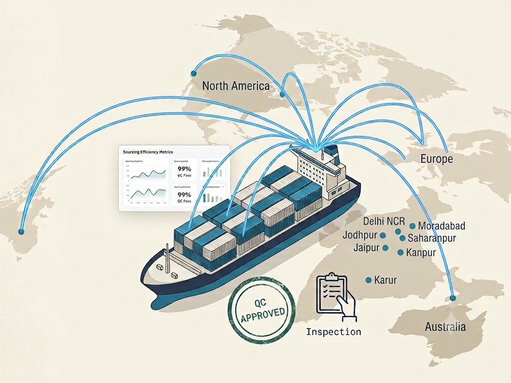 Global map showing India as the sourcing hub with connections to international markets